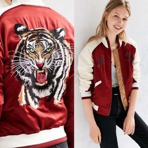 Silence + Noise Red Satin Tiger Bomber Jacket